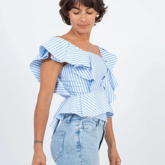 Mila Carr STRIPED RUFFLE BLOUSE sleeveless top back full zip cotton white blue 2 - Picture 10 of 10